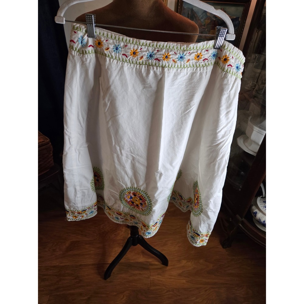 NY Collection White Cotton Embroidered Floral Medallion Boho Skirt XL